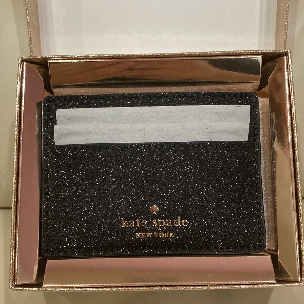 NWT Kate Spade Black Sparkle Glitter Glimmer Boxed Small Slim Card Holder Wallet - Picture 5 of 15